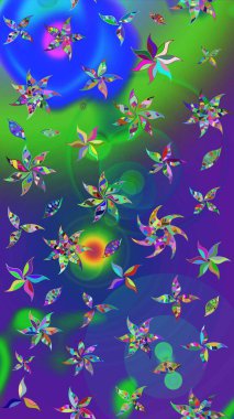 Moda baskısı, albüm, ambalaj kağıdı ve duvar kağıdı için zarif dekoratif süslemeler. Mavi ve mor renkli şirin çiçekler. Raster illüstrasyonu. Küçük çiçekli basit bir çiçek çizimi..