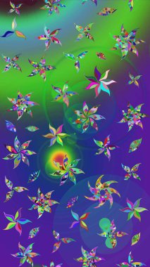 Raster Floral Illustration, Asyalı tekstil. Yeşil ve mavi renkli etnik çiçeklerle zarif bir eskiz deseni.