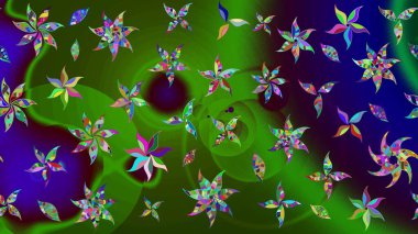 El çizimi çiçek unsurları olan soyut çizim raster deseni. Çiçekli ipek eşarp. Yeşil ve mavi, yeşil ve maviye. Retro tekstil tasarım koleksiyonu. 1950 'ler-1960' lar motifleri.