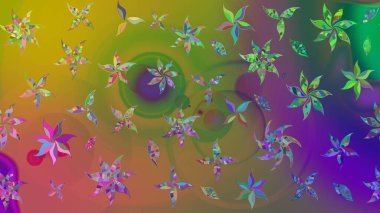 Çiçekli karalama şeklinde Raster çiçek deseni. Raster illüstrasyonu. Yeşil ve kahverengi renklerde bahar çiçekleri..