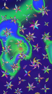 Çiçeksel çizim kalıbının yansıması. Vadinin çiçekleri mavi ve yeşil renklerde.