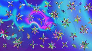 Halk tarzı. Parlak renkli çiçekleri ve mavi ve menekşe renklerinde yaprakları olan harika bir çiçek deseni. Modern çiçek arkaplanı. Moda baskıları için zarif bir şablon.