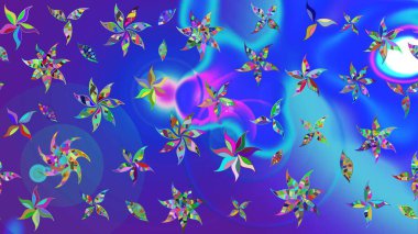 Renkli desenli eskiz deseni, mavi ve mor çiçekler ve dekoratif elementler. Raster illüstrasyonu. Kumaş, tekstil, duvar kağıdı baskısı için. Eskiz geçmişi. Antika retro tarzı.