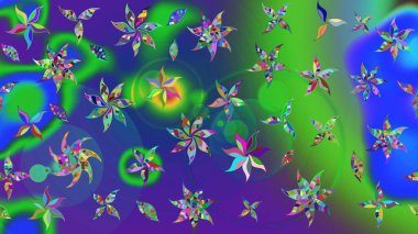 Renkli Yaz Temalı eskiz kalıbı. Düz Çiçek Elementleri Tasarımı. Raster Illustrasyon 'daki Çiçek Deseni' nin son moda çizimi. Yeşil ve mavi renkte çiçekler.