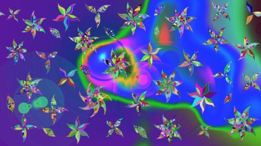 Çiçeksel elementlerle süslenmiş zarif raster dokusu. Mavi ve mor renkli parlak çiçekli soyut çizim deseni. Küçük çiçekte şirin bir çiçek deseni var..