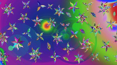 Motley illüstrasyonu. Küçük çiçekte güzel bir desen. Moda baskıları için zarif bir şablon. Küçük renkli çiçekler. Yeşil ve mavi çiçekli bahar çiçekleri.