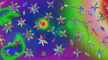 Sevimli çiçek raster deseni. Yeşil ve mavi renkte çiçekler. Renkli Yaz Temalı eskiz kalıbı. Düz Çiçek Elementleri Tasarımı.