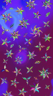 Parlak renkli çiçekleri ve mor ve mor renkli yaprakları olan harika bir çiçek deseni. Modern çiçek arkaplanı. Halk tarzı. Moda baskıları için zarif bir şablon.