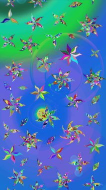 Varicoloblue ve yeşil raster çizimi. Küçük çiçekteki sevimli çiçek deseni. Birçok mavi ve yeşil soyut çiçekli tropikal çizim deseni.