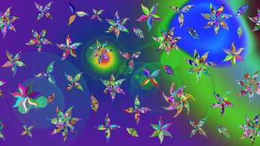 Mavili ve menekşe rengi zarif küçük çiçekler ve mavi ve mor renkli komik böcekler, raster desen, illüstrasyon.