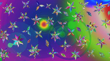 Yeşil ve mavi renkli şirin çiçek desenleri. Düz Çiçek Elementleri Tasarımı. Raster Modaya uygun kumaş deseni. Renkli Bahar Teması çizim şablonu.