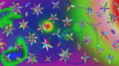 Sevimli çiçek raster deseni. Yeşil ve mavi renkte çiçekler. Renkli Yaz Temalı eskiz kalıbı. Düz Çiçek Elementleri Tasarımı.