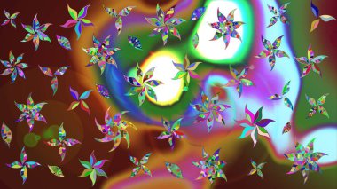 Raster illüstrasyonu. Nazikçe, rengarenk bahar çiçekleri. Yaprak ve çiçeklerin suluboya resimleri, renkler üzerine çizimler.