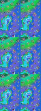 Mavi ve yeşil renkli çiçekler. Kumaş desenli papatya çiçekleri ayrıntıları.