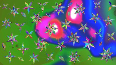 Raster deseni. Nazikçe, rengarenk bahar çiçekleri. Patlayan çiçekler soyut olarak yerleştirilmiş. Raster illüstrasyonu.