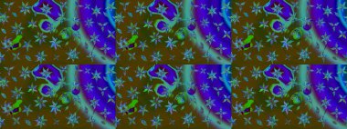 Yumuşak, bahar çiçekleri kahverengi ve mavi renklerde. Çiçekli karalama şeklinde Raster çiçek deseni. Raster illüstrasyonu.