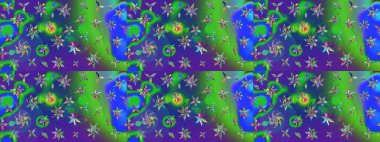 Raster Illustrasyon 'daki Çiçek Deseni' nin son moda çizimi. Yeşil ve mavi renkte çiçekler. Renkli Yaz Temalı eskiz kalıbı. Düz Çiçek Elementleri Tasarımı.