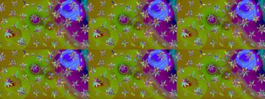 Raster illüstrasyonu. Yumuşak, yeşil ve kahverengi renklerde bahar çiçekleri. Çiçek ve yapraklı karalama şeklinde Raster çiçek deseni.