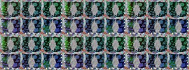 Parlak renkli fantezi çiçekleri, yapraklar, mavi renkli tomurcuklar. Çiçeksiz desenli, suluboya elle çizilmiş elementler..