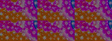 Mor ve kahverengi renkte çiçekler. Raster illüstrasyonu. Renkli Bahar Teması eskiz kalıbı. Asya tekstil tarzında. Çiçek desenli çizim. Düz Çiçek Elementleri Tasarımı.