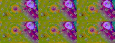 Çizim çiçek deseni duvar kâğıdı olarak kullanılabilir. Yeşil ve mor renkli çiçekler. Raster illüstrasyonu.