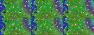 Suluboya elle çizilmiş çiçek desenli eskiz deseni. Parlak renkli fantezi çiçekleri, yapraklar, renkli tomurcuklar.