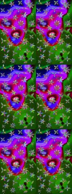 Raster illüstrasyonundaki çiçek desenli çizim. Yeşil ve mor renkte çiçekler.