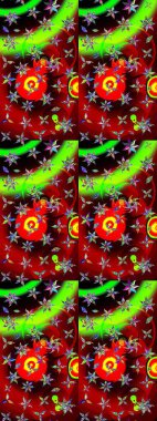 Patlayan çiçekler soyut olarak yerleştirilmiş. Kibar, bahar çiçekleri kırmızı ve yeşil renklerde. Raster deseni. Raster illüstrasyonu.