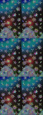 Raster deseni. Patlayan çiçekler soyut olarak yerleştirilmiş. Yumuşak, bahar çiçekleri mavi ve gri renklerde. Raster illüstrasyonu.