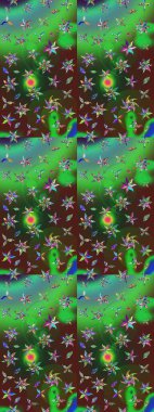 Raster illüstrasyonu. Yumuşak, bahar çiçekleri yeşil ve mor renklerde. Çiçekli yumuşak bir eskiz şekli. Raster çiçekleri klasik tarzda resmedilir..