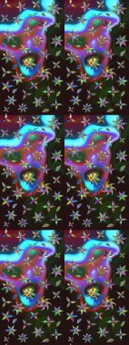 Çiçekli ipek eşarp. Retro tekstil tasarım koleksiyonu. El çizimi çiçek unsurları olan soyut çizim raster deseni. 1950-1960 motifleri. Açık.