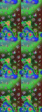 Raster düz çiçek çizim deseni. Hediye ambalaj kağıdı, tebrik kartları, posterler ve pankart tasarımı. Yeşil ve mavi renkte çiçekler.