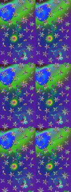 Eski usul. Eskiz geçmişi. Raster illüstrasyonu. Kumaş, tekstil, duvar kağıdı baskısı için. Renkli desenli eskiz deseni, mavi ve mor çiçekler ve dekoratif elementler.