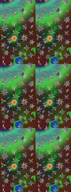 Modern çiçek arkaplanı. Halk tarzı. Parlak renkli çiçekleri ve yeşil ve kahverengi renkte yaprakları olan harika bir çiçek deseni. Moda baskıları için zarif bir şablon.