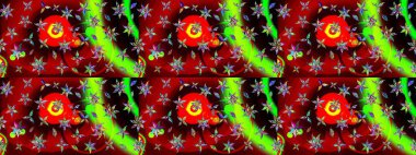 Klasik çiçekler. Yaz çiçekleri teması. Kırmızı ve yeşil renkler. El çizimi, soyut ve süslü elementler. Suluboya resim taklit Raster illüstrasyonu.