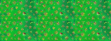 Çiçek duvar kağıdı. Yeşil ve sarı renklerde. Raster illüstrasyonu. Hint süsü. Çizim kalıbı. Renkli süs kenarı.