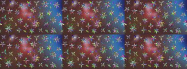 Üzerinde gelincikler ve vadi zambakları olan renkli çiçek desenli nakış deseni. Tekstil tasarımı için geleneksel Raster çiçek buketi kahverengi ve mavi renklerde.