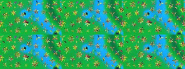 Doğal kozmetik ürünleri, parfüm, çiçekçi dükkanı için bahar ihalesi tasarımı. Paket kağıdı için en iyisi. Yeşil ve mavi lale çiçekli Raster eskiz deseni. Karşılama ya da düğün geçmişi olarak kullanılabilir.