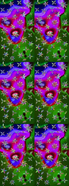 Raster illüstrasyonundaki çiçek desenli çizim. Yeşil ve mor renkte çiçekler.