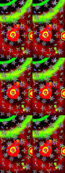 Patlayan çiçekler soyut olarak yerleştirilmiş. Kibar, bahar çiçekleri kırmızı ve yeşil renklerde. Raster deseni. Raster illüstrasyonu.