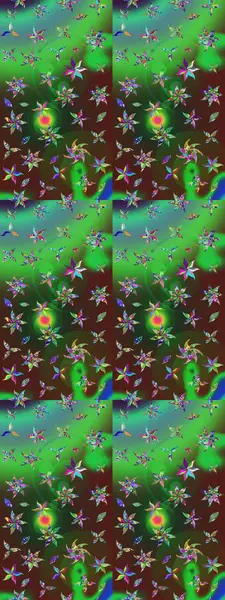 Raster illüstrasyonu. Yumuşak, bahar çiçekleri yeşil ve mor renklerde. Çiçekli yumuşak bir eskiz şekli. Raster çiçekleri klasik tarzda resmedilir..