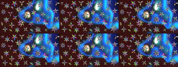 Raster illüstrasyonu. Kahverengi ve mavi renklere karalamalar çizilmiş çiçek deseni.