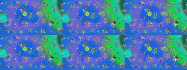 Mavi ve yeşil renkte etnik çiçeklerle süslenmiş zarif bir eskiz şekli. Asya Tekstil 'inde Raster Çiçek İllüstrasyonu.