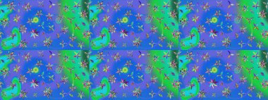 Mavi ve yeşil renkli çiçekler. Çiçekli karalama şeklinde Raster çiçek deseni. Yumuşak, bahar çiçekli arka plan.