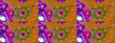 Halk tarzı. Parlak renkli çiçekleri ve turuncu ve kahverengi renkte yaprakları olan harika bir çiçek deseni. Modern çiçek arkaplanı. Moda baskıları için zarif bir şablon.