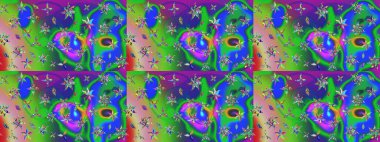 Üzerinde gelincikler ve vadi zambakları olan renkli çiçek desenli nakış deseni. Tekstil tasarımı için geleneksel Raster çiçek buketi yeşil ve mavi renkler.