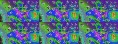 Çiçeksel çizim kalıbının yansıması. Vadinin çiçekleri yeşil ve mavi renklerde.