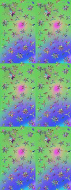 Yeşil ve mavi renkte çiçekler. Çiçekli karalama şeklinde Raster çiçek deseni. Yumuşak, yaz çiçekli arka plan.