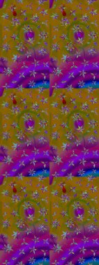 Çocuksu tasarım. Elle çizilmiş çiçek desenli Raster çizimi. Tekstil, kumaş, ambalaj, hatıra defteri için hoş bir çiçek arkaplanı. Kahverengi ve mor arkaplanda.