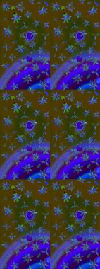 Kahverengi ve mavi renklerde etnik çiçeklerle süslenmiş zarif bir eskiz şekli. Asya Tekstil 'inde Raster Çiçek İllüstrasyonu.